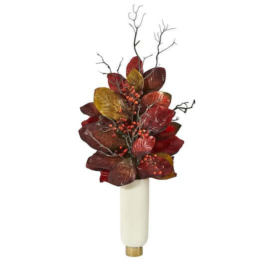 3ft. Autumn Magnolia Leaf & Berries in White Planter
